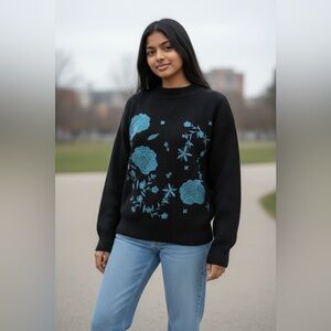 Who What Wear Charcoal Embroidered Sweater Turquoise Floral Cozy Small
